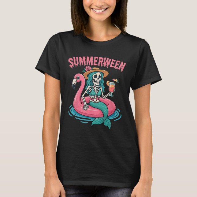 Camiseta Summerentre Mermaid Skeleton Beach Flamingo Hallow (Frente)
