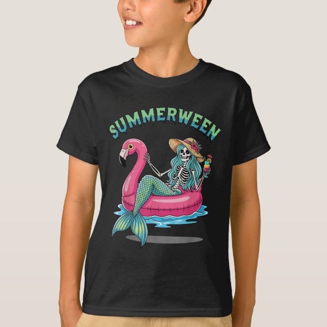 Camiseta Summerentre Sereid Skeleton Flamingo Float Hallowe (Frente)