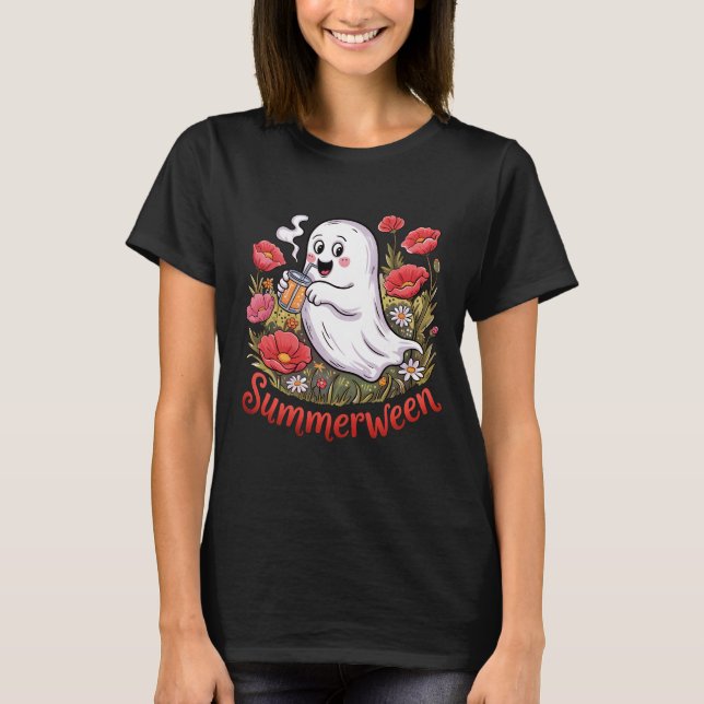 Camiseta Summerween Cute Ghost Poppy Flower Field Summer (Frente)