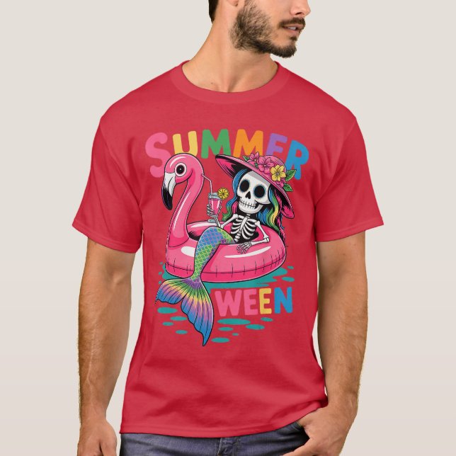 Camiseta Summerween Mermaid Skeleton Beach Flamingo Hallowe (Frente)