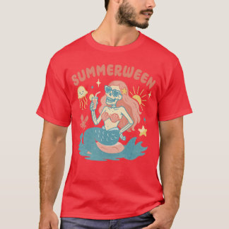 Camiseta Summerween Skeleton Mermaid Beach Flamingo Hallowe