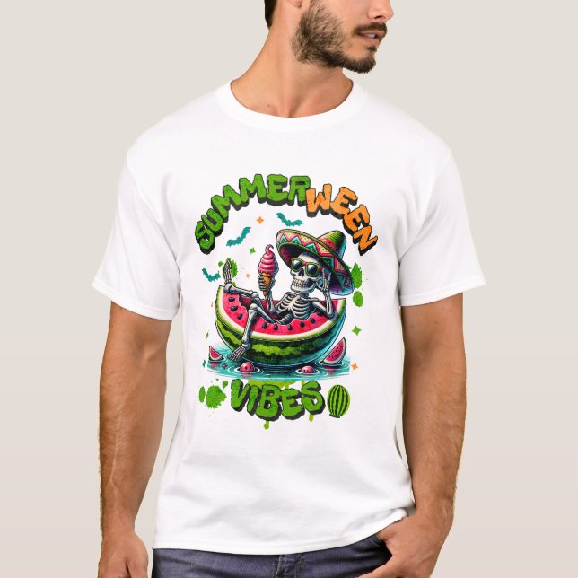 Camiseta Summerween Skeleton on Watermelon Boat Ice Cream (Frente)
