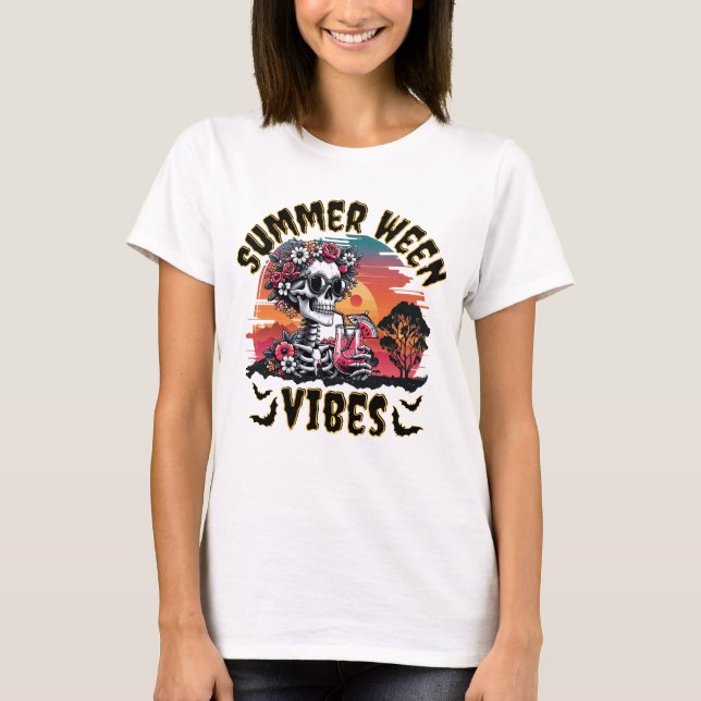 Camiseta Summerween Sunset Floral Skeleton Watermelon Juice (Frente)