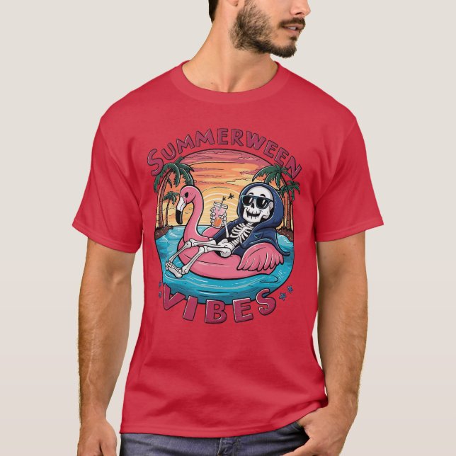 Camiseta Summerween Vibes Halloween Summer Fun Flamingo Ske (Frente)