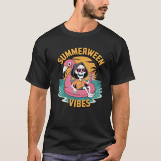 Camiseta Summerween Vibes Skeleton Flamingo Float Summer Ha