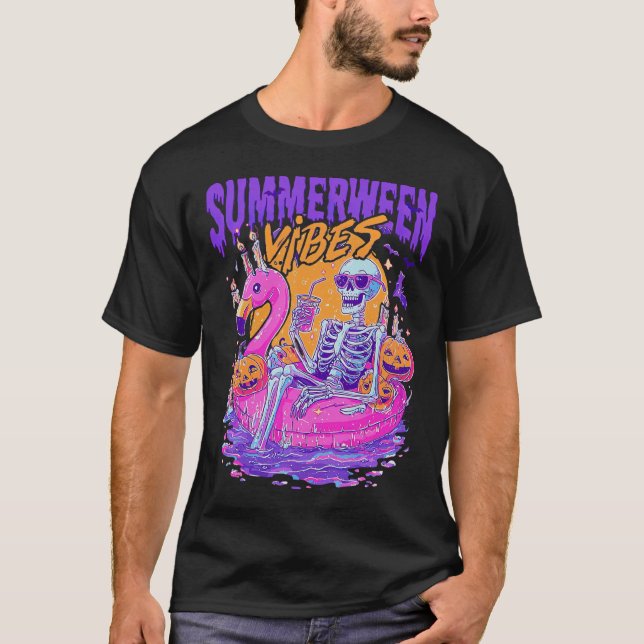 Camiseta Summerween Vibes Skeleton Pumpkin Férias Spooky (Frente)