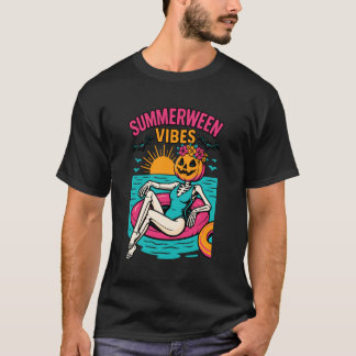 Camiseta Summerween Vibes Skeleton Pumpkin Pool Float Goth 