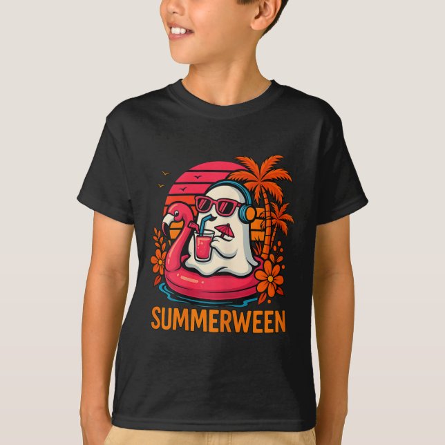 Camiseta Summerwin Funny Ghost Halloween Summer Flamingo B (Frente)