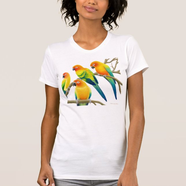 Camiseta Sun Conure repete mecanicamente o T do pescoço da (Frente)