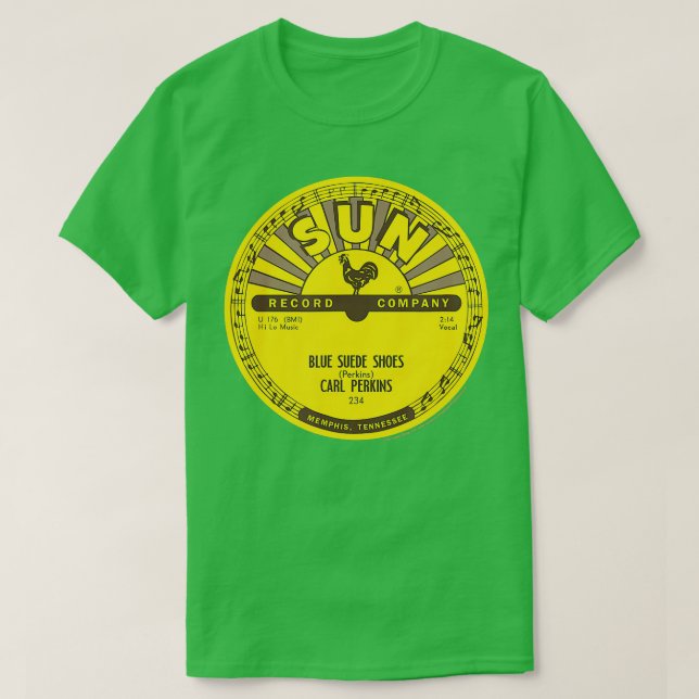 Camiseta Sun Records Vinyl Carl Perkins Blue Suede Calçados (Frente do Design)