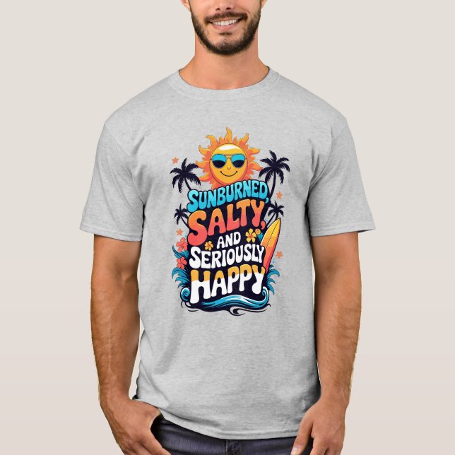 Camiseta Sunburned Salty and Happy – Retro Beach Vibes (Frente)