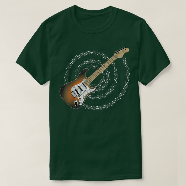 Camiseta Sunburst Electric Guitar Spiraling Notas Musicais (Frente do Design)