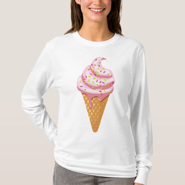 Camiseta Sundae de morango em cone de waffle com cobertura (Frente)