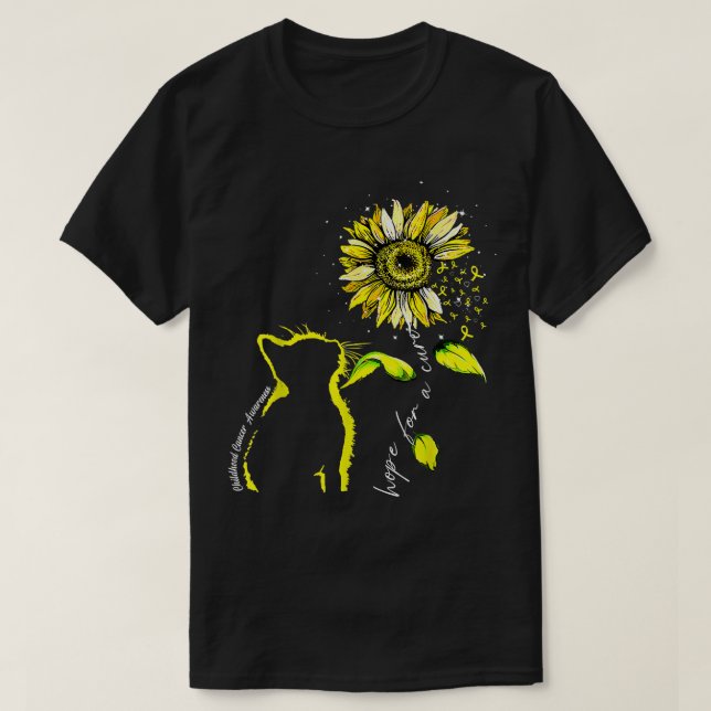 Camiseta Sunflower Cat Amarelo Cancer Sensibilização (Frente do Design)