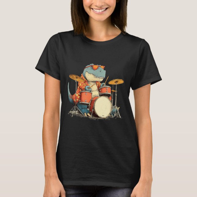 Camiseta Sungles Rockstar Dinosaur With Cool Drums Costume  (Frente)