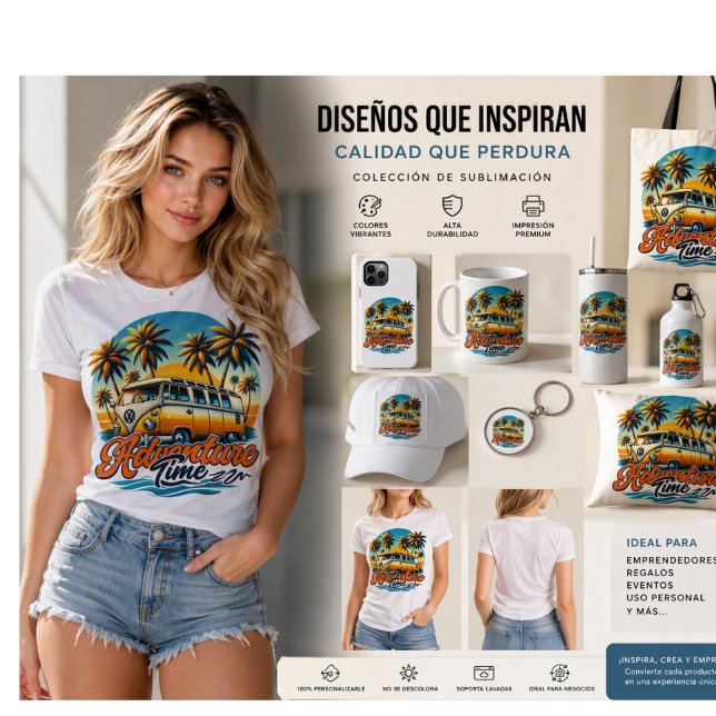 Camiseta “Sunset Adventure Van” (Adventure Time T-Shirt + Complete Sublimation Collection
Model: Carmen - Size M - 100% Cotton
Durabl)