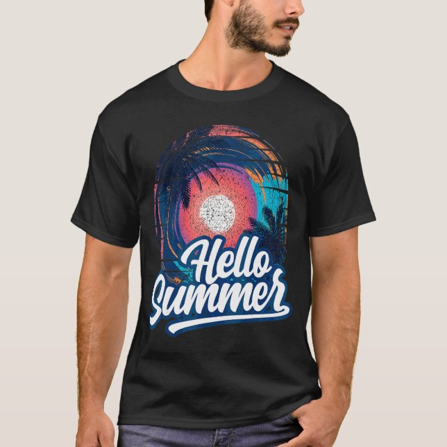 Camiseta Sunset Beach Palm Tree Hello Summer Vacin Holi (Frente)