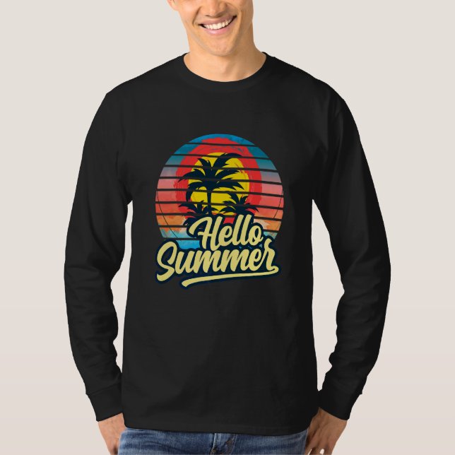 Camiseta Sunset Beach Palm Tree Hello Summer Vacin Holi (Frente)