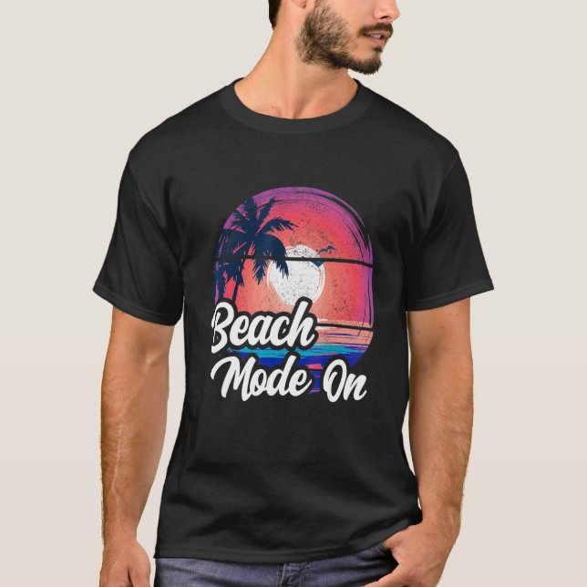 Camiseta Sunset Beach Palm Tree Summer Mode No Férias Ho (Frente)