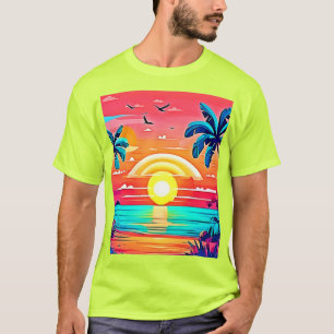 Camiseta Sunset de praia tropical com arco-íris