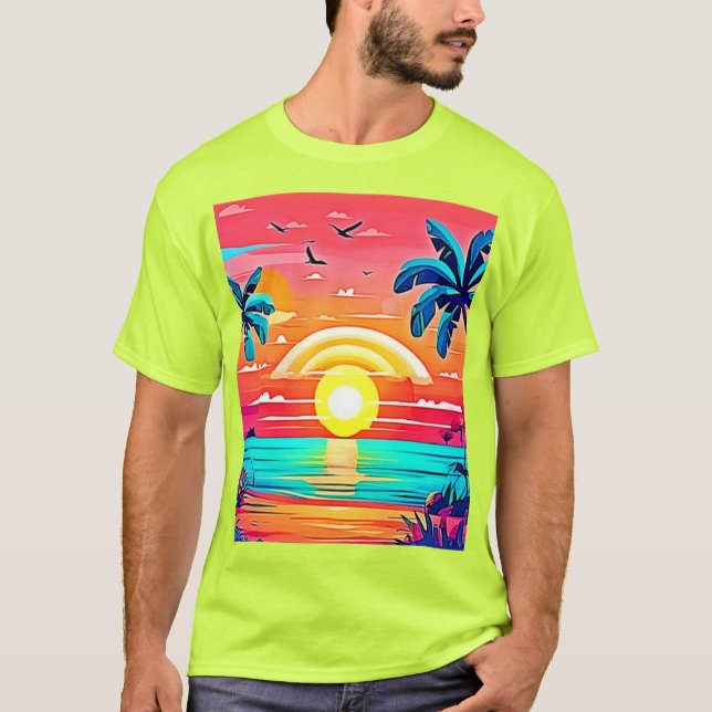 Camiseta Sunset de praia tropical com arco-íris (Frente)
