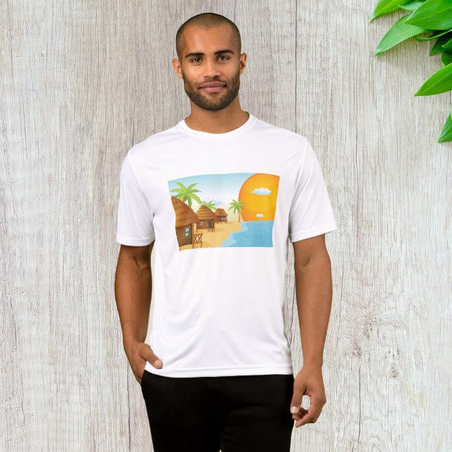 Camiseta Sunset de praia tropical com Thatch Huts (Criador carregado)