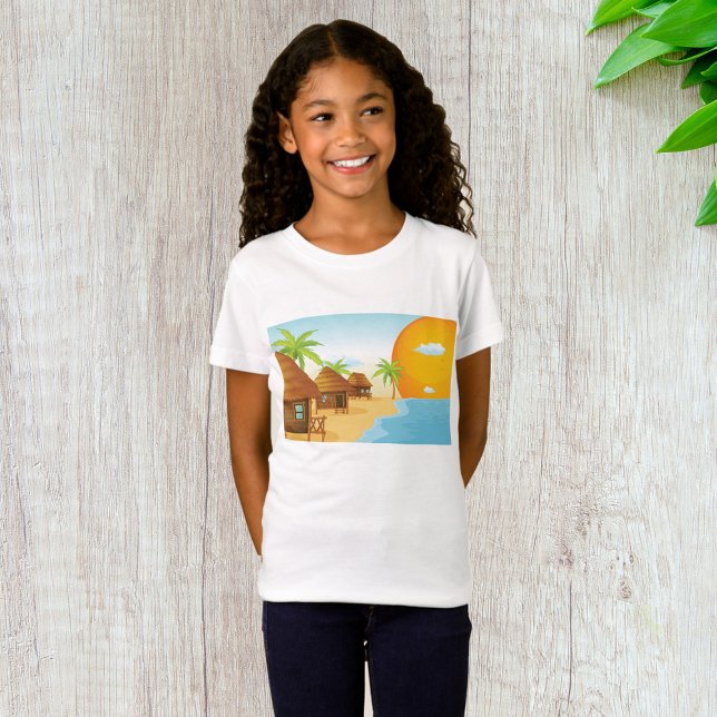 Camiseta Sunset de praia tropical com Thatch Huts (Criador carregado)