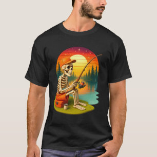 Camiseta Sunset No Lago Skeleton Pescaria Figurume De Hallo