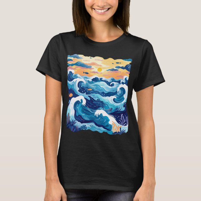 Camiseta Sunset Ocean Waves – Mar e Céu Artísticos (Frente)