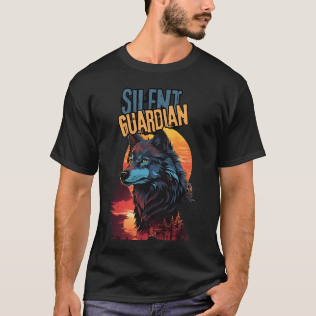 Camiseta Sunset Sentinel: Lobo Azul no Brilho da Natureza (Frente)