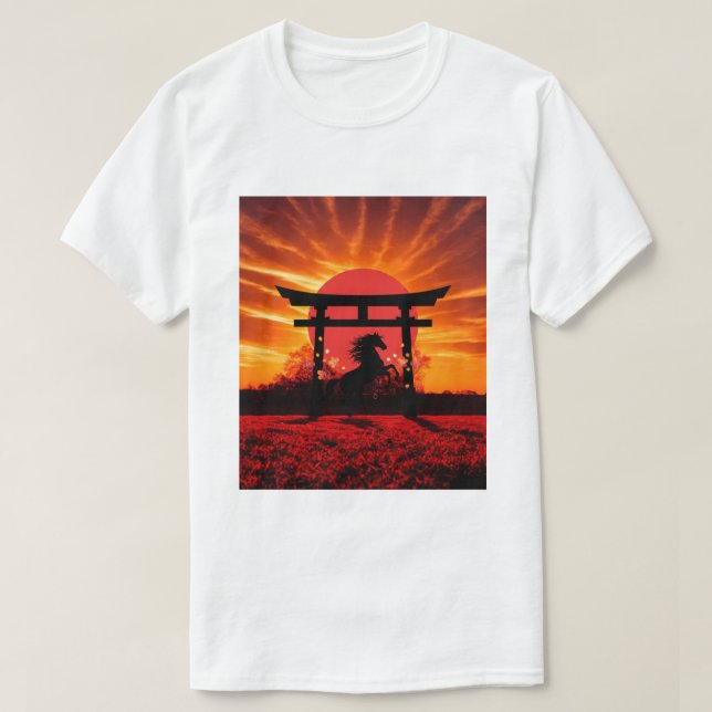 Camiseta Sunset Torii & Horse – Japanese Landscape Art T-sh (Frente do Design)