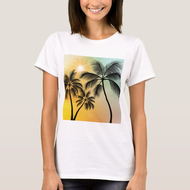 Camiseta Sunset Tropical com Palmeiras - Arte Natural de Pr (Frente)