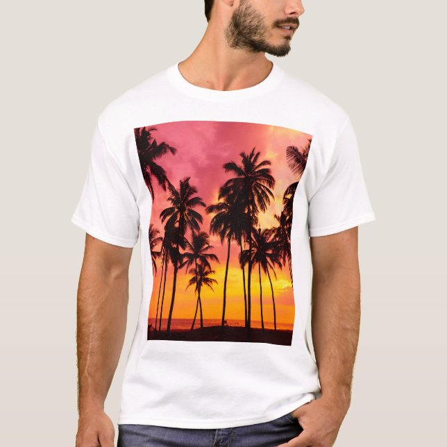 Camiseta Sunset Tropical: Serenidade Silhueta Palma. (Frente)