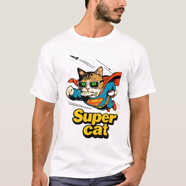 Camiseta Super Gato Voando com Peixe  (Frente)