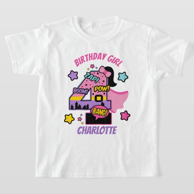 Camiseta Super-herói 4ª Garota de Aniversário 4ª Super Garo (Postura )
