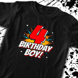 Camiseta Super-herói Birthday Boy - 4 anos - 4 anos<br><div class="desc">Este legal design de 4 anos é perfeito para um tema de festa de aniversário de super-heróis! Excelente para qualquer garoto de 4 anos que ama super-heróis de quadrinhos ou vilões com superpoderes! Possui a citação de aniversário de 4 anos do "Aniversário 4!" feliz, em um tema de super-herói dos...</div>