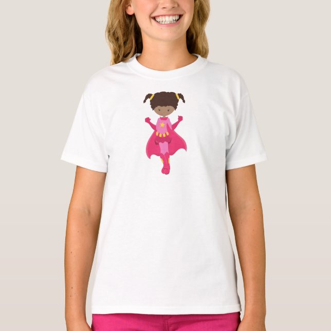 Camiseta Super-herói Girl, African American Girl, Pink Cape (Frente)