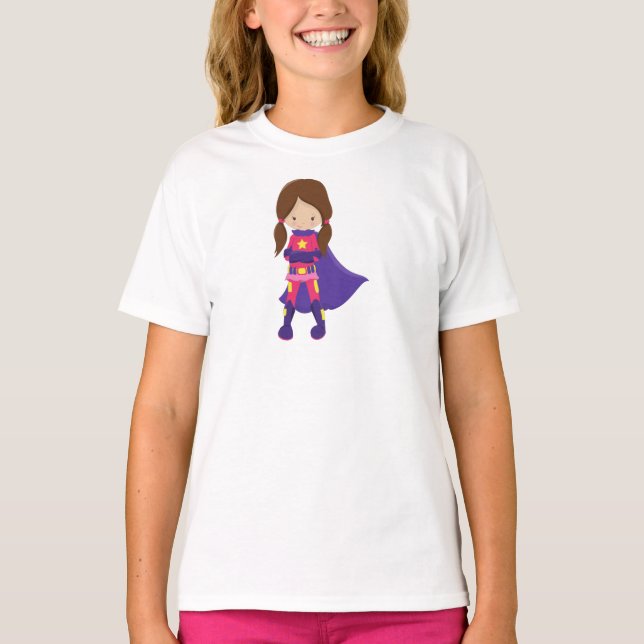 Camiseta Super-Herói Rapariga, Cabelo Marrom, Garota Bonita (Frente)