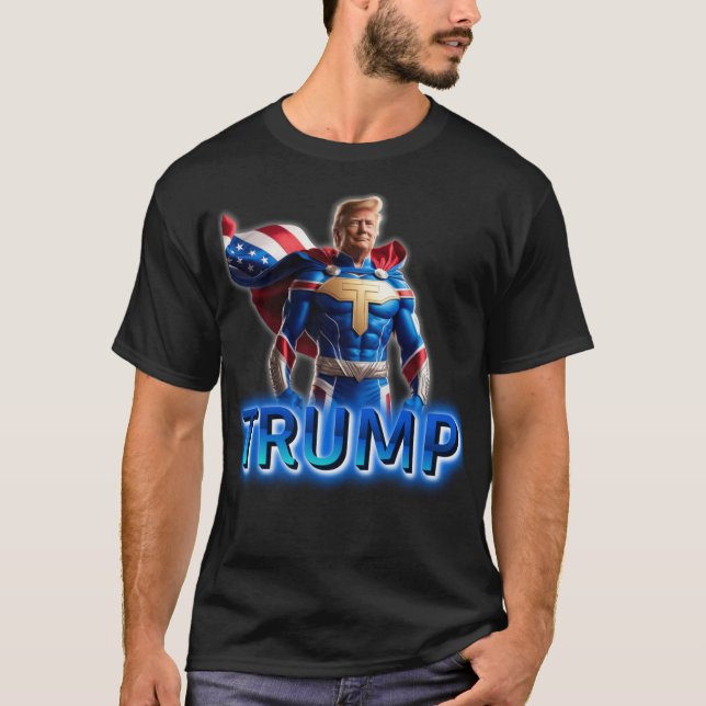 Camiseta Super-herói Trump: Design de Poder Patriótico 2025 (Frente)