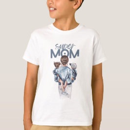 Camiseta Super Mãe Azul Aquarela Arte de Mãe e Filhos