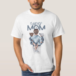 Camiseta Super Mãe Azul Aquarela Arte de Mãe e Filhos