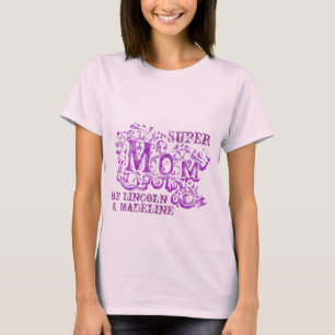 Camiseta Super Mãe, decorativa, nomes de crianças roxas n