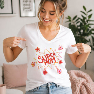 Camiseta Super Mãe Flor Desenho de Bolha de Quadrinhos Mãe