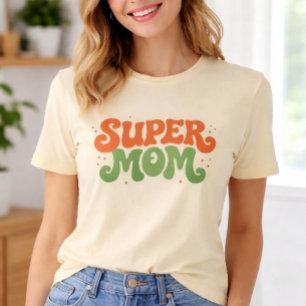 Camiseta SUPER MÃE Tipografia Divertida e Groovy Retrô