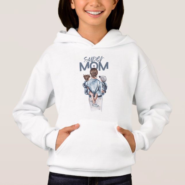 Camiseta Super Mom Blue Watercolor Mother and Children Art (Frente)