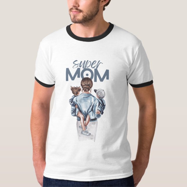 Camiseta Super Mom Blue Watercolor Mother and Children Art (Frente)
