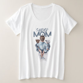 Camiseta Super Mom Blue Watercolor Mother and Children Art