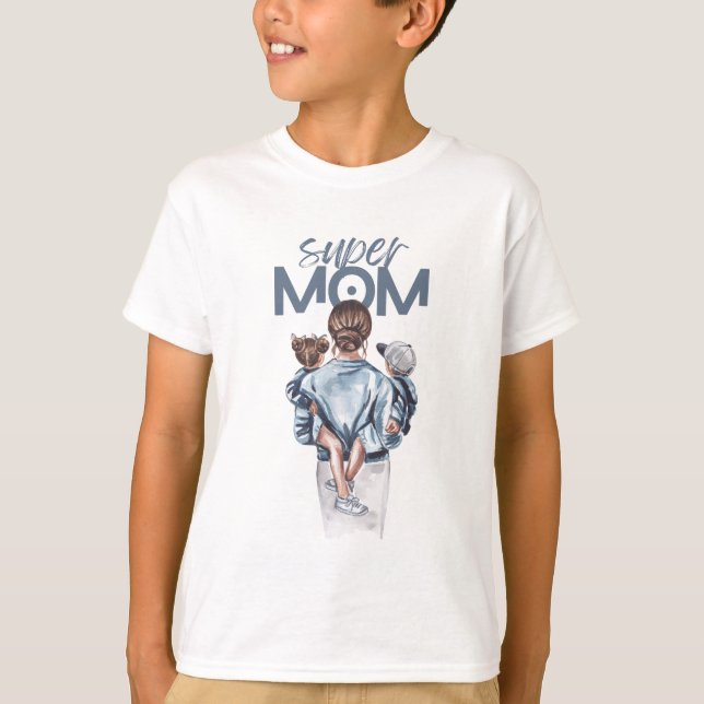 Camiseta Super Mom Blue Watercolor Mother and Children Art (Frente)