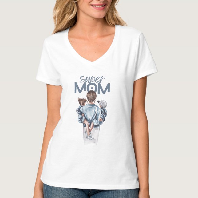 Camiseta Super Mom Blue Watercolor Mother and Children Art (Frente)