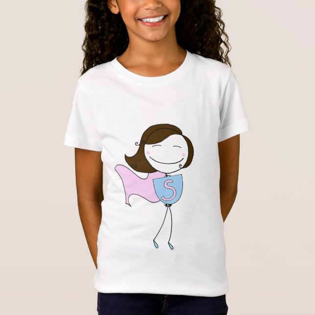Camiseta Super, T da menina (cabelo marrom) (Frente)